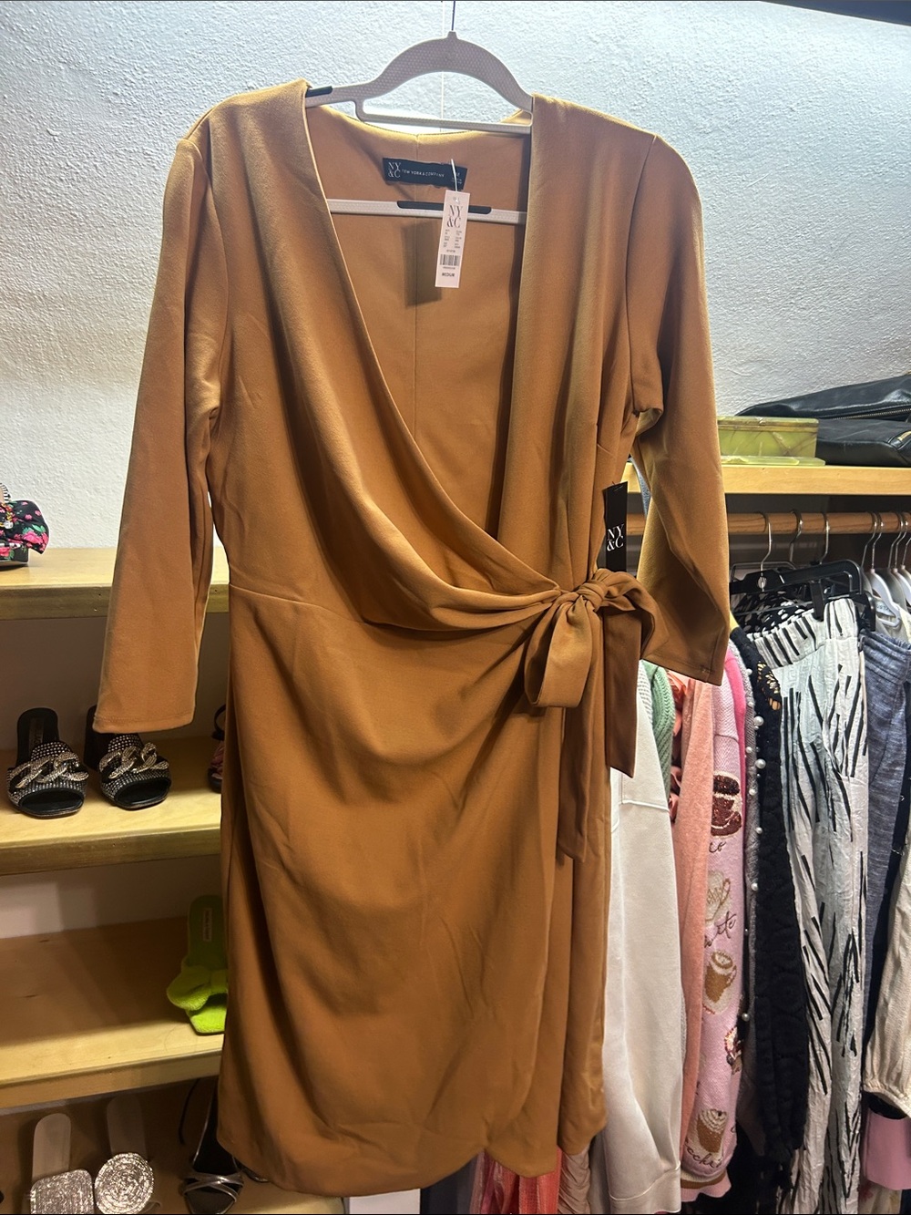 New York & Company Camel Wrap-Style Long Sleeve Midi Dress